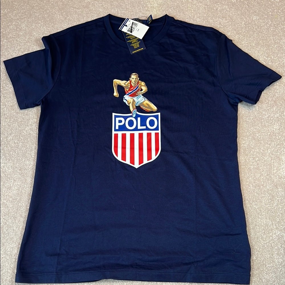 New with tag Ralph‎ Lauren  track Navy Graphic T-Shirt with Runner Design